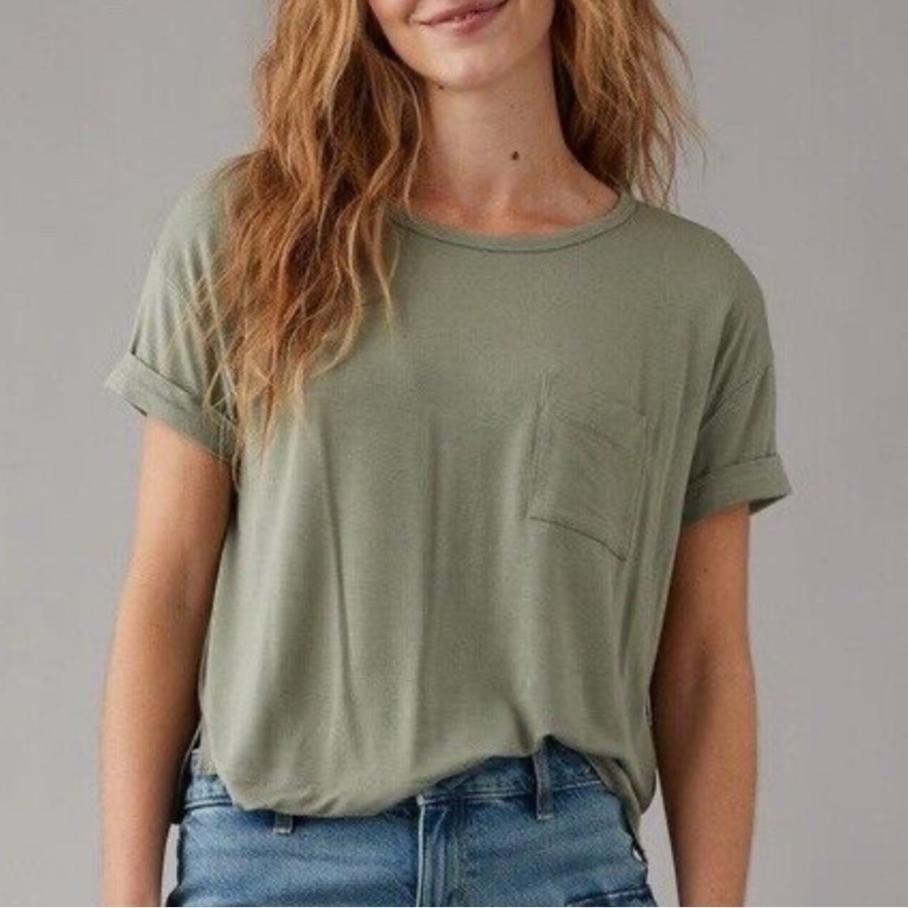 American Eagle Army Green Favorite Short Rolled Sleeve Pocket T Shirt Size Small